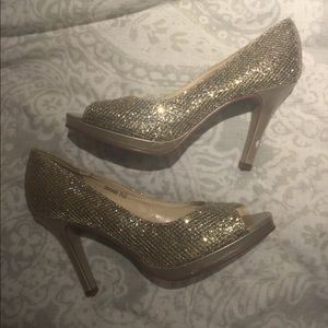 Gold Glitter Open-Toe Fishnet Heels/Pumps